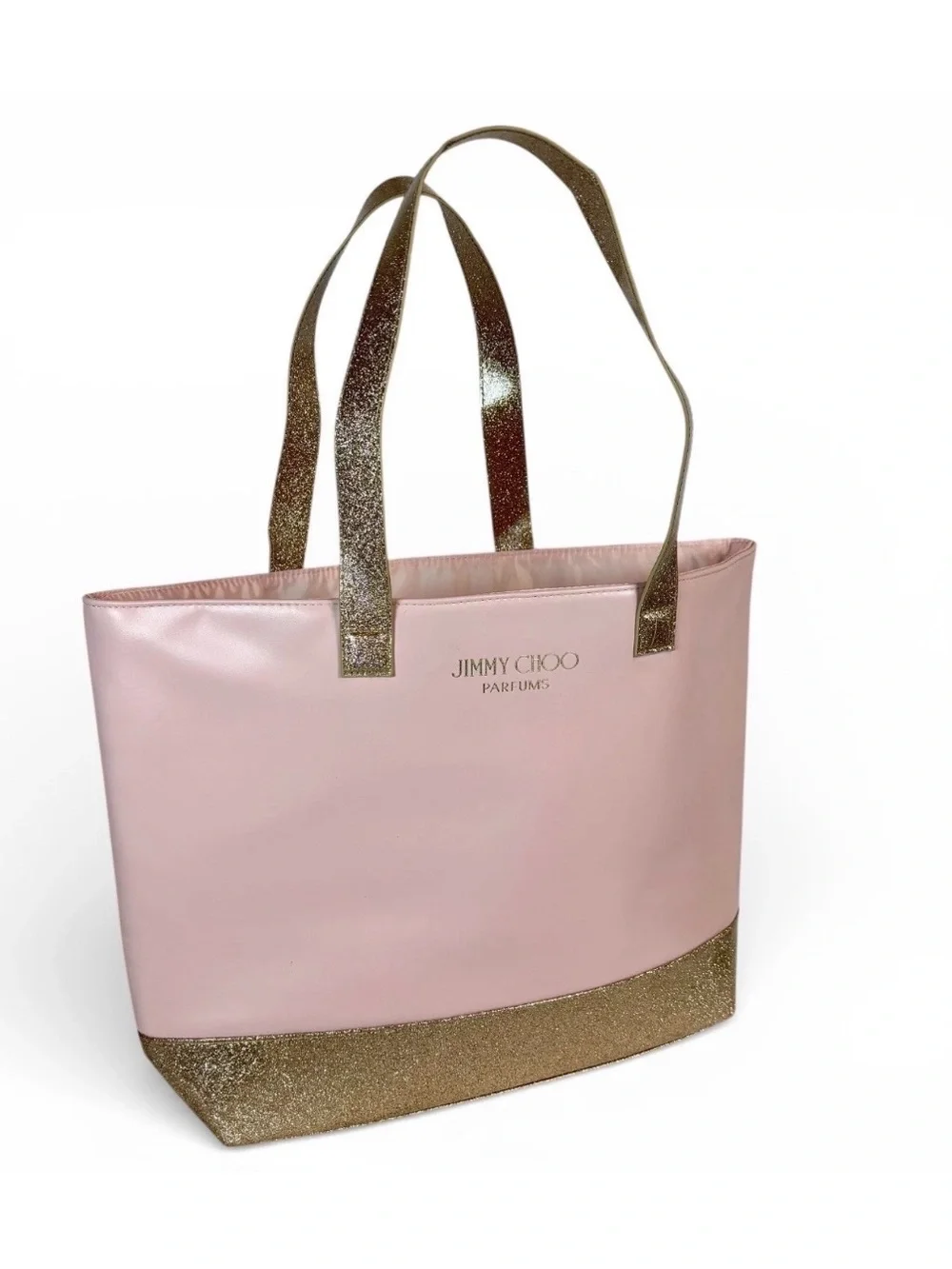 Jimmy Choo Parfum Tote Bag Pink & Gold Glitter Large Shoulder Bag Faux Leather